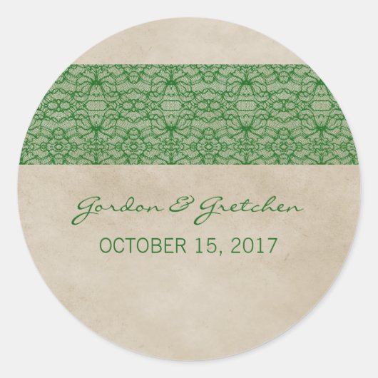 Grüne, rustikale Spitzen-Hochzeitskleber Runder Aufkleber (Vorderseite)
