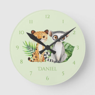 Grüne Safari-Leopard- und Affen-Kinderzimmer-Wand Runde Wanduhr