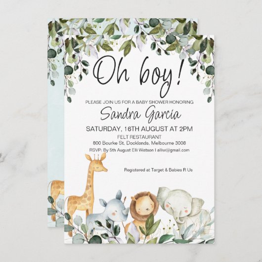 Grüne Safari Tiere mit Löwenbaby-Dusche Einladung (Vorne/Hinten)