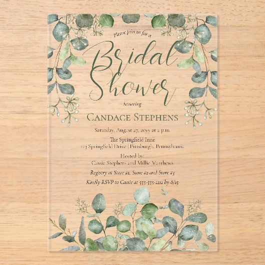 Grüne Samenpflanze Eukalyptus-Brautparty Acryleinladungen (Vorderseite)