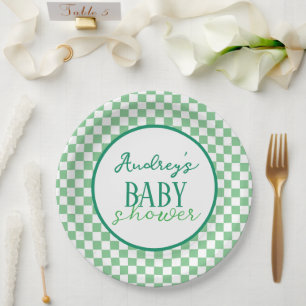 Grüne Schachbrett-Baby-Shower-Papierplatte Pappteller