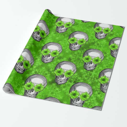 Grüne Schädel und Sonnenblumen, Design 3 Geschenkpapier (Ungerollt)