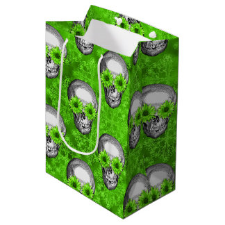 Grüne Schädel und Sonnenblumen, Design 3 Mittlere Geschenktüte