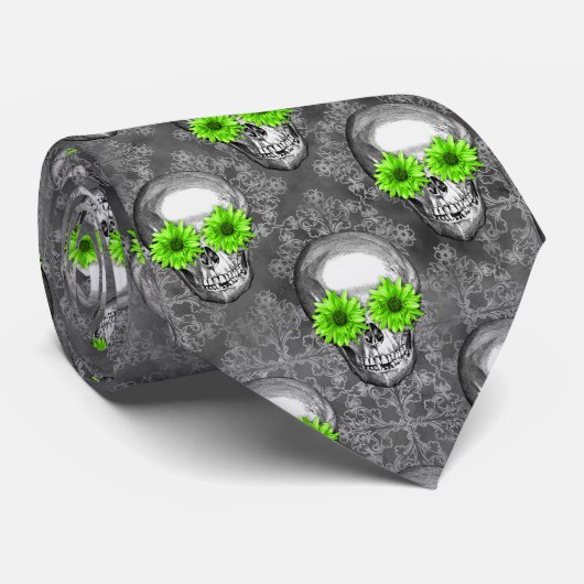 Grüne Schädel und Sonnenblumen, Design 5 Krawatte (Gerollt)