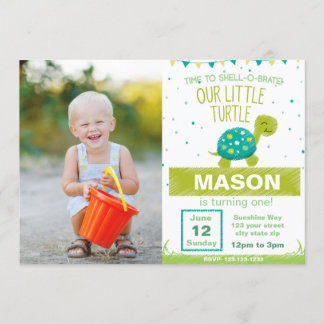 Grüne Schildkröte-Geburtstags-Einladung mit Foto Einladung