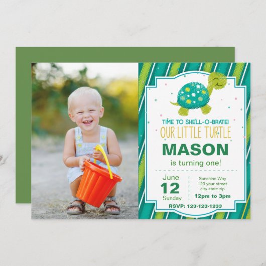 Grüne Schildkröte Streifen Geburtstag Einladung w (Vorne/Hinten)