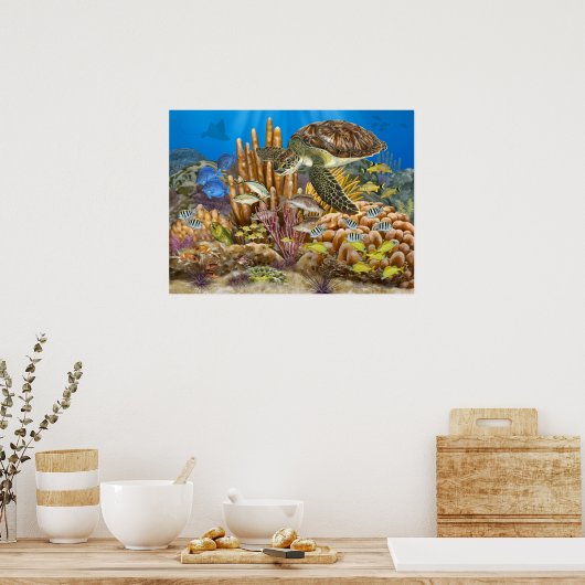 Grüne Schildkröte über Korallenriff Poster (Küche)