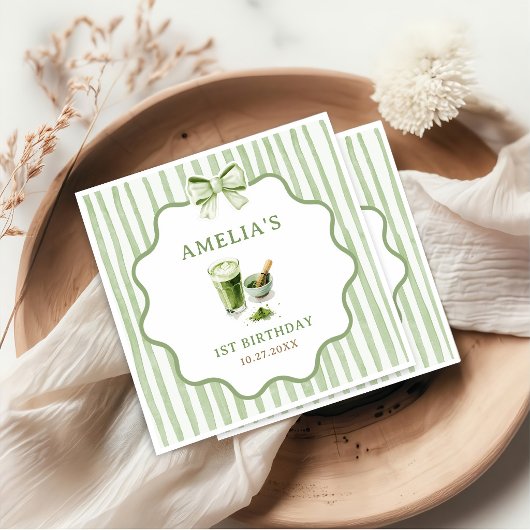 Grüne Schleifenstreifen Matcha Geburtstag Serviette