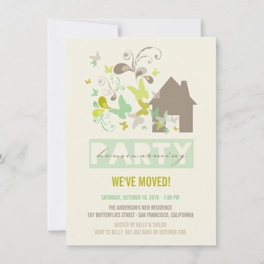 Grüne Schmetterlinge Burst House Erwärmung Party E Einladung (Vorderseite)