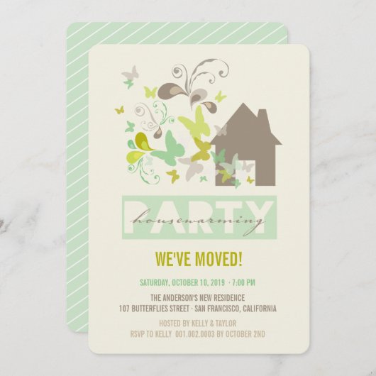 Grüne Schmetterlinge Burst House Erwärmung Party E Einladung (Vorne/Hinten)