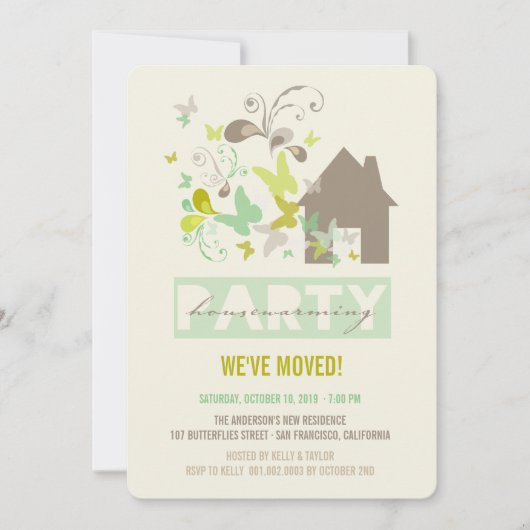 Grüne Schmetterlinge Burst House Erwärmung Party E Einladung (Vorderseite)