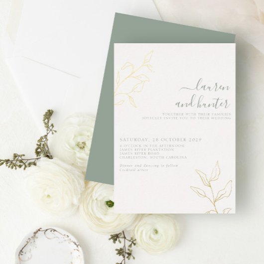 Grüne Schrift Botanische Hochzeit Gold Folieneinladung