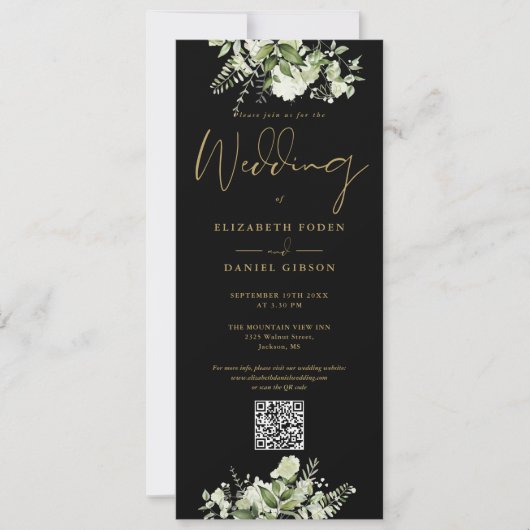 Grüne Schwarz und Gold QR Code Hochzeit Einladung (Vorderseite)