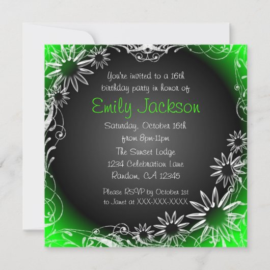Grüne Schwarz-weiße Blüte, süß 16 Blumenladen Einladung (Vorderseite)