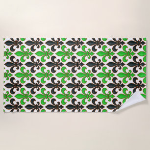Grüne schwarze Barock-Fleur-de-lis-Muster-Design  Strandtuch