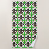 Grüne schwarze Barock-Fleur-de-lis-Muster-Design Strandtuch (Vorderseite)
