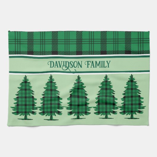 Grüne schwarze, gemütliche Tartan Pine Trees Geschirrtuch (Horizontal)