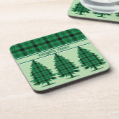 Grüne schwarze, gemütliche Tartan Pine Trees Getränkeuntersetzer (Linke Seite)