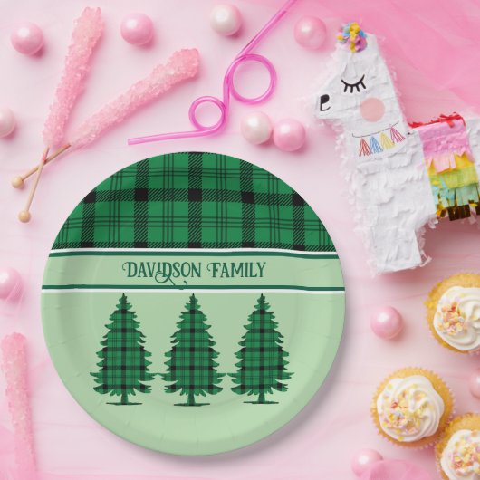 Grüne schwarze, gemütliche Tartan Pine Trees Pappteller (Party)