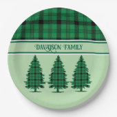 Grüne schwarze, gemütliche Tartan Pine Trees Pappteller (Vorderseite)