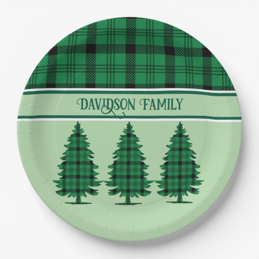 Grüne schwarze, gemütliche Tartan Pine Trees Pappteller (Vorderseite)