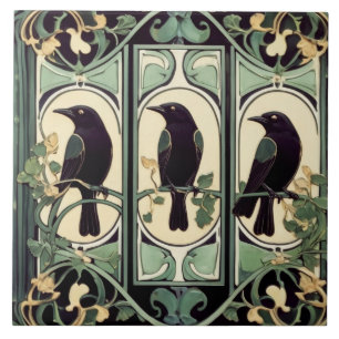 Grüne Schwarze Krähe Vögel Art Nouveau Art Deco Vo Fliese