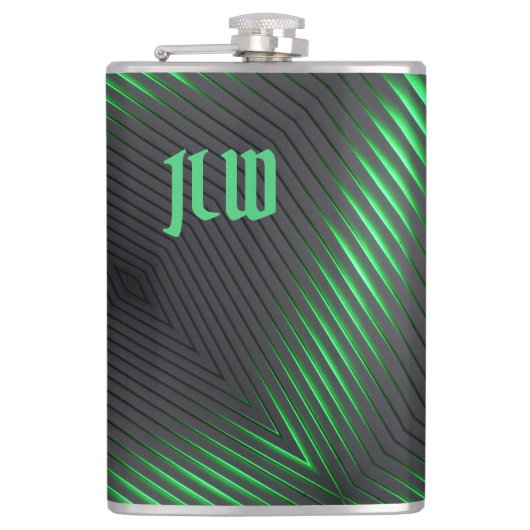 Grüne schwarze Streifen Techno Abstrakt mit Initia Flachmann (Vorderseite)