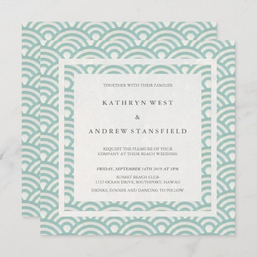 Grüne Seafoam + weiße Wellen Eleganter Strand Hoch Einladung (Vorne/Hinten)