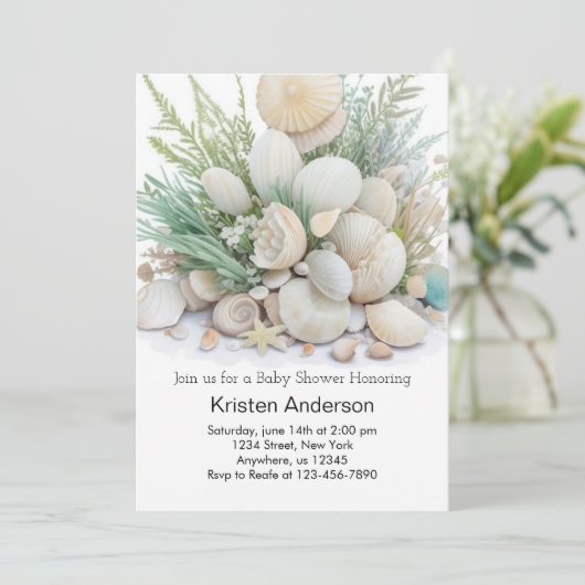 Grüne Seashell Oase Baby Dusche Einladung (Stehend Vorderseite)