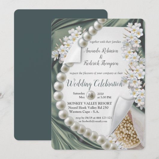Grüne Seide & Elfenbeinperlen Hochzeit Einladung (Vorne/Hinten)