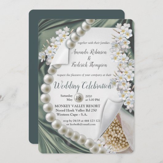 Grüne Seide & Elfenbeinperlen Hochzeit Einladung (Vorne/Hinten)