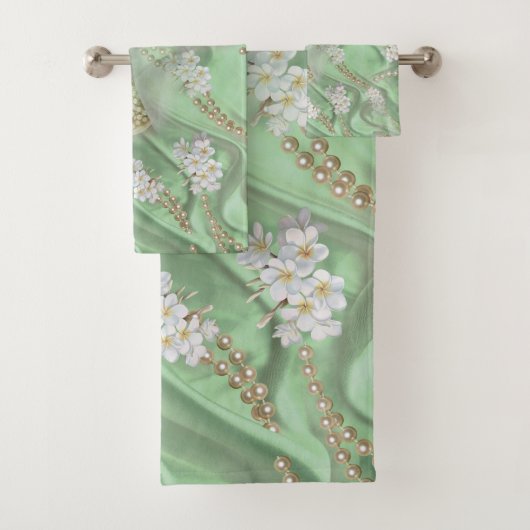 Grüne Seide und Elfenbein-Perlen Badhandtuch Set (Insitu)