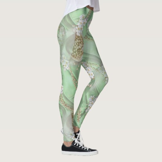Grüne Seide und Elfenbein-Perlen Leggings (Rechts)