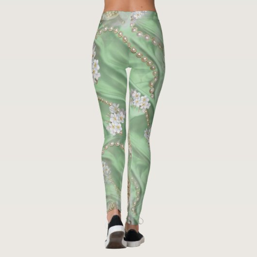 Grüne Seide und Elfenbein-Perlen Leggings (Rückseite)