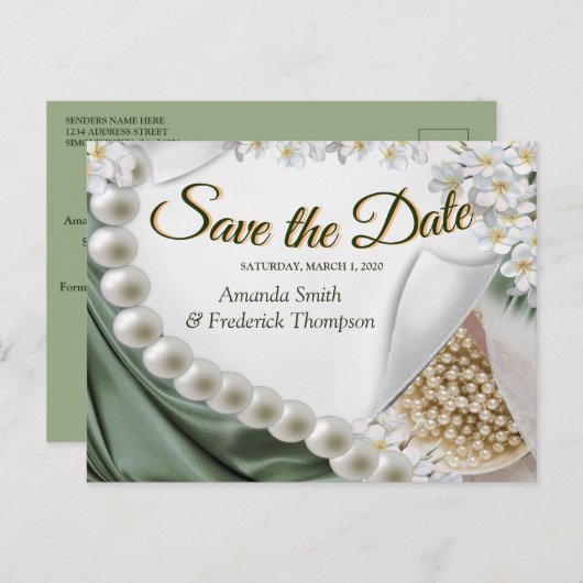 Grüne Seide und Elfenbeinperlen Save the Date Ankündigungspostkarte (Vorne/Hinten)