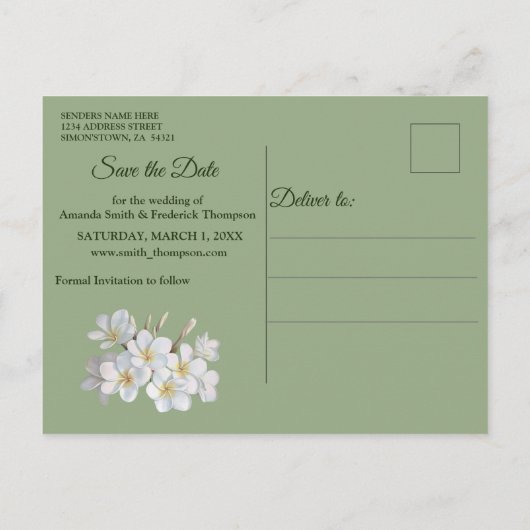 Grüne Seide und Elfenbeinperlen Save the Date Ankündigungspostkarte (Rückseite)