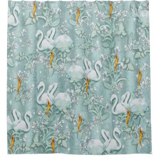 Grüne Seidendraht und Flamingos-Blume Duschvorhang (Vorderseite)