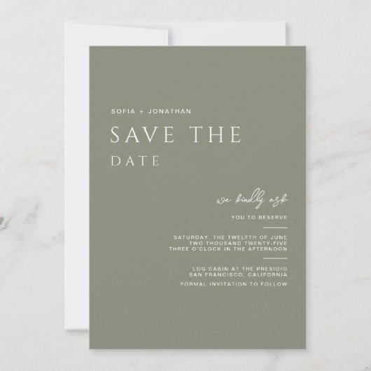 Grüne Seite Minimalistisch Elegante Hochzeit Save The Date (Vorderseite)