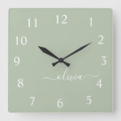 Grüne Seite Skript Monogram Girlaname Quadratische Wanduhr (Vorderseite)