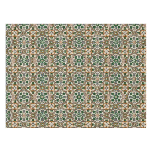Grüne Senfblumen-Azulejos Geometrisches Muster Tischdecke (Vorderseite (Horizontal))