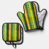 Grüne senkrechte Streifen Ofenhandschuh & Topflappen-Set (Vorderseite/Rückseite)