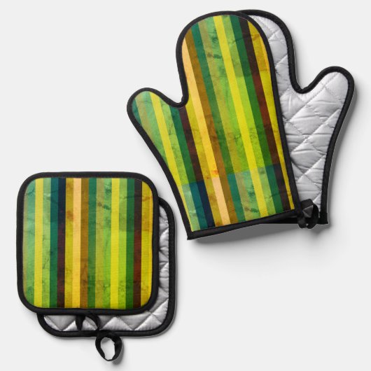 Grüne senkrechte Streifen Ofenhandschuh & Topflappen-Set (Vorderseite/Rückseite)