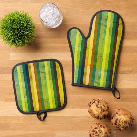 Grüne senkrechte Streifen Ofenhandschuh & Topflappen-Set (Oben Unten)