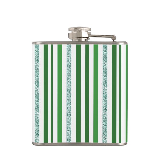 Grüne Silber Glitzer Streifen Mit Monogramm, kunde Flachmann (Rückseite)