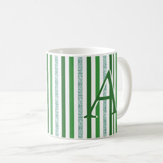 Grüne Silber Glitzer Streifen Mit Monogramm, kunde Kaffeetasse (VorderseiteRechts)