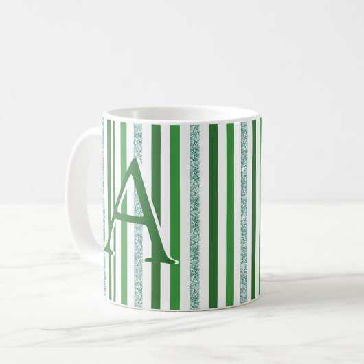 Grüne Silber Glitzer Streifen Mit Monogramm, kunde Kaffeetasse (Vorderseite Links)
