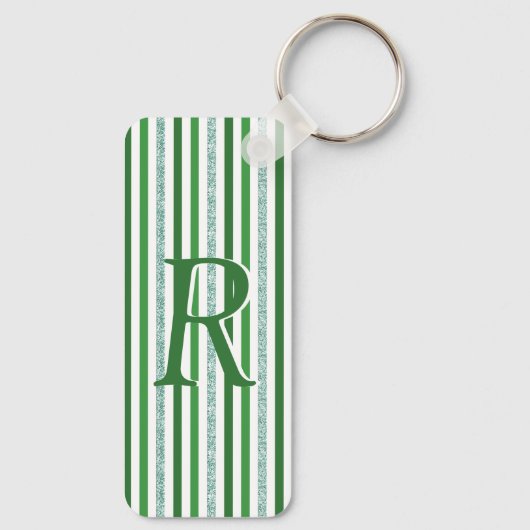 Grüne Silber Glitzer Streifen Mit Monogramm, kunde Schlüsselanhänger (Rückseite)