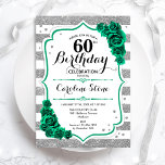Grüne silberne Streifen Rose 60. Geburtstag Einladung<br><div class="desc">60. Geburtstagsfeier Einladung. Elegantes florales smaragdgrünes Design mit Rose. Enthält Imitate Glitzer silber und weiß Streifen und Skript-Schriftart. Ideal für eine stilvolle Damenfeier. Kann für jedes Alter angepasst werden! Gedruckte Zazzle Einladungen oder Sofortdownload digitalen druckbaren Vorlage.</div>