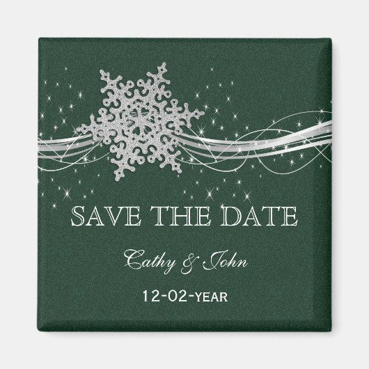 grüne Silberschneeflocken Winter Save the Date Magnet (Vorne)