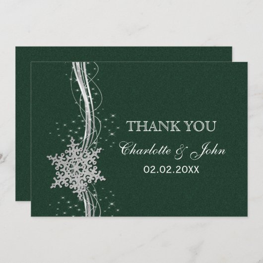 grüne Silberschneeflocken Winterhochzeit Danke Einladung (Vorne/Hinten)